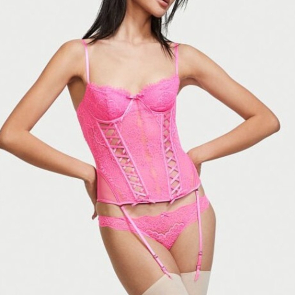 Victoria's Secret Neon Peony Pink Lace Corset Bra Top Size M